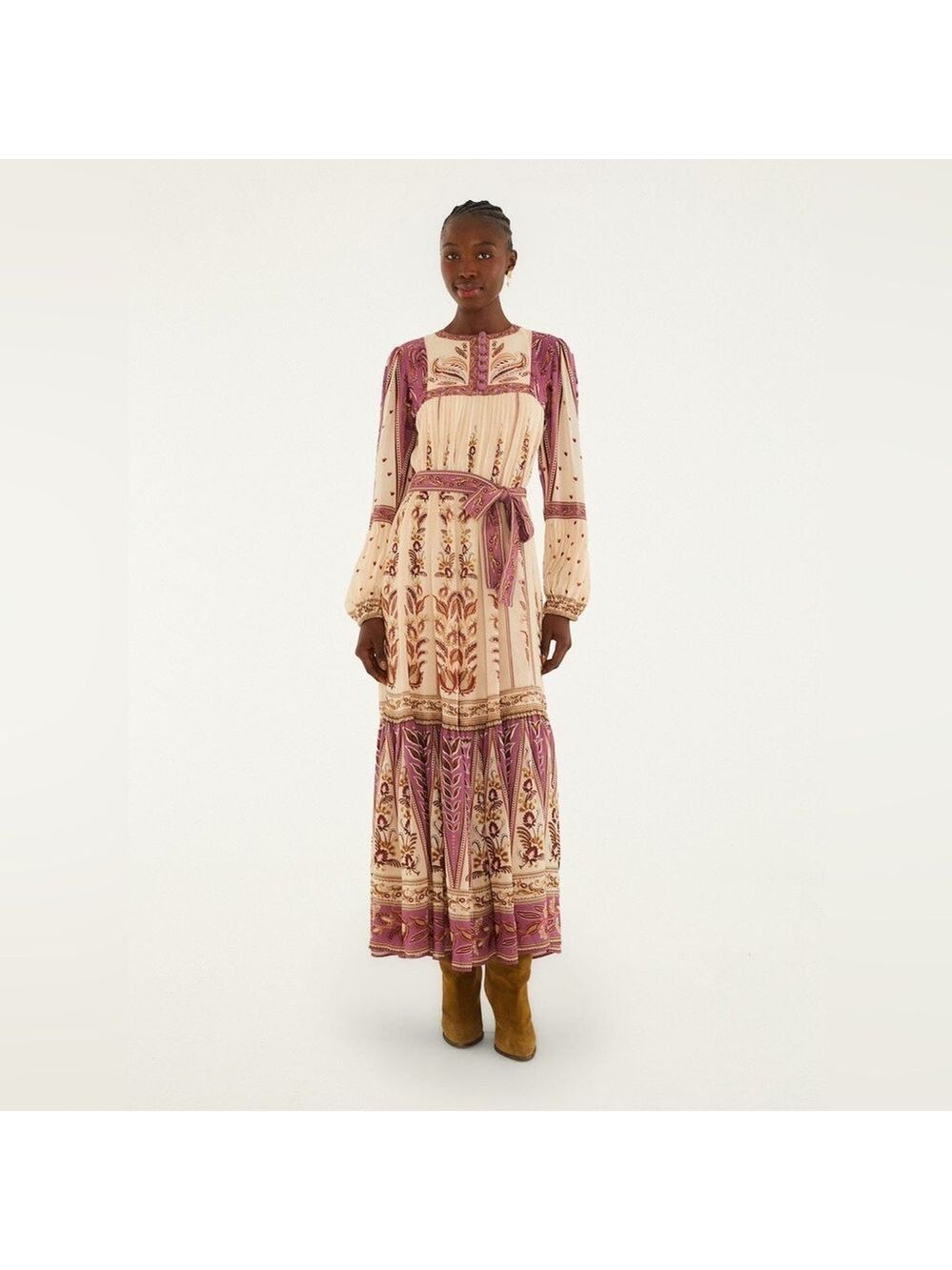 FARM Rio Cream and Mauve Printed Long Sleeve Maxi Dress